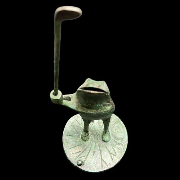 Golfing Frog Figurine Green Iron Table Decor Garden Accent Anthropomorphic Heavy - Picture 5 of 8